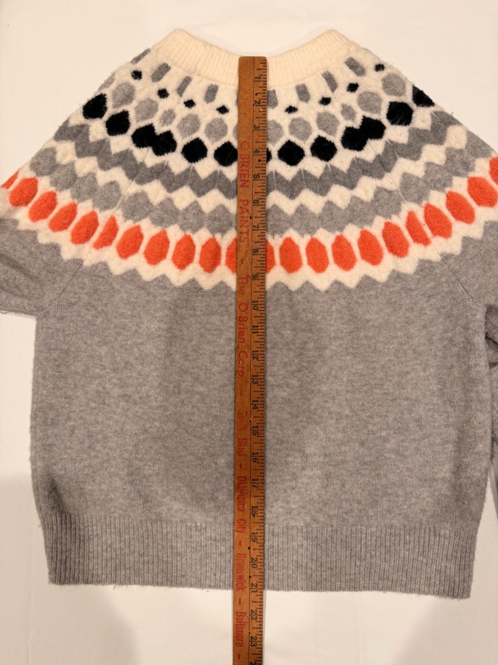 Club Monaco Gray Fair Isle Crewneck Sweater with Orange and Black Accents - Picture 9 of 10